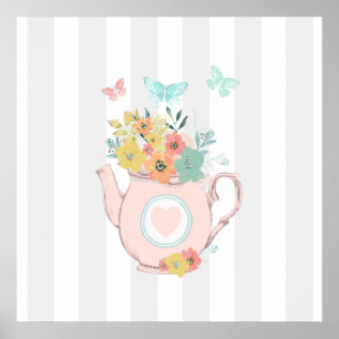 Rosa Teekanne mit Blumen & Schmetterlingen Grauer Poster