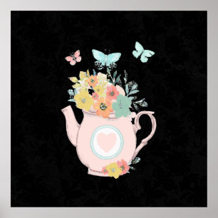 Rosa Teekanne mit Blumen & Schmetterlingen Poster