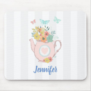 Rosa Teekanne mit Blumen und Schmetterlingen Mousepad