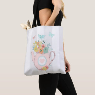 Rosa Teekanne mit Blumen und Schmetterlingen Tasche