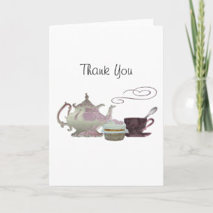 Rosa Teekanne-, Teacup-und Kuchen-Kunst Dankeskarte
