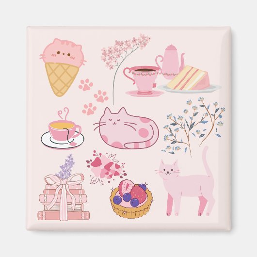 Rosa Teekatzen Magnet (Vorne)