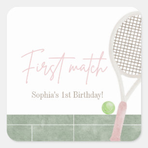 Rosa Tennis Erster Geburtstag Preppy Klassische Pa Quadratischer Aufkleber