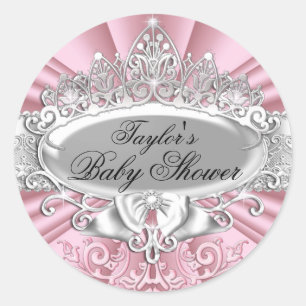 Rosa Tiara & Damast-Baby-Shower-Aufkleber Runder Aufkleber