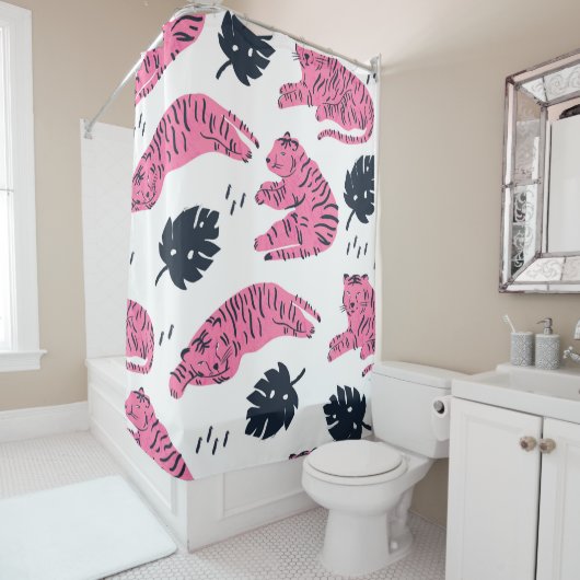 Rosa Tiger liegt in verschiedenen Positionen. Trop Duschvorhang (Beispiel)
