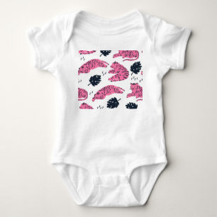Rosa Tiger Tropical: Vintag von Hand Gezeichnet. Baby Strampler