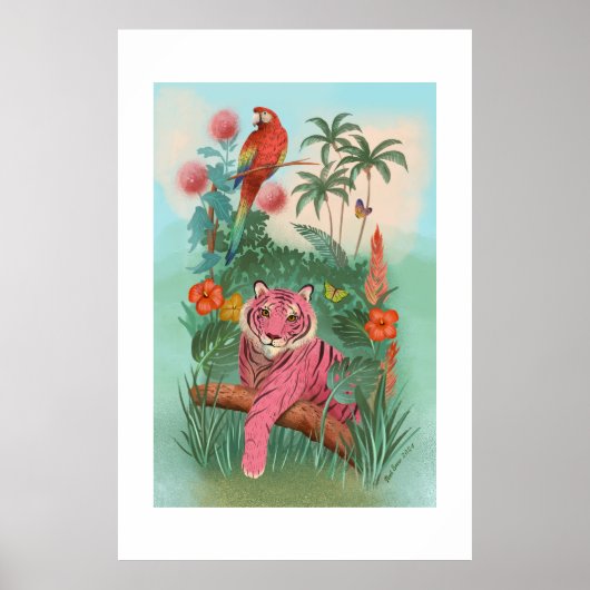 Rosa Tiger und Papagei Tropenstoff Extra Großdruck Poster (Vorne)