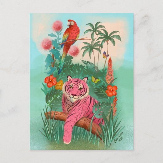 Rosa Tiger und Parrot Tropischer Dschungel Postkarte (Vorderseite)