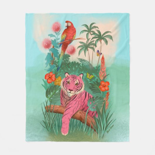 Rosa Tiger und tropischer Parrot-Dschungel Fleecedecke (Vorderseite)
