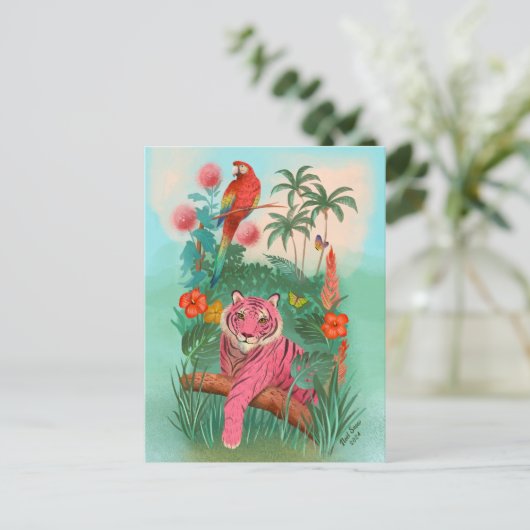 Rosa Tiger und tropischer Parrot-Dschungel Postkarte (Stehend Vorderseite)