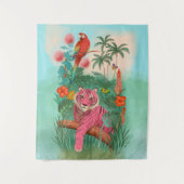 Rosa Tiger und tropischer Parrot-Dschungel Wandteppich (Vorderseite)