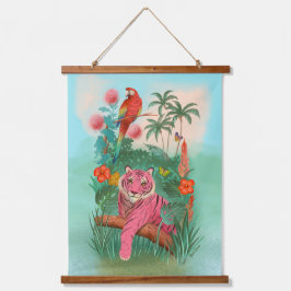 Rosa Tiger und tropischer Parrot-Dschungel Wandteppich Mit Holzrahmen