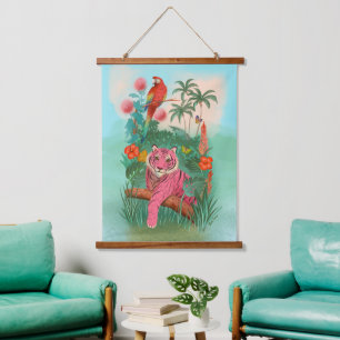 Rosa Tiger und tropischer Parrot-Dschungel Wandteppich Mit Holzrahmen