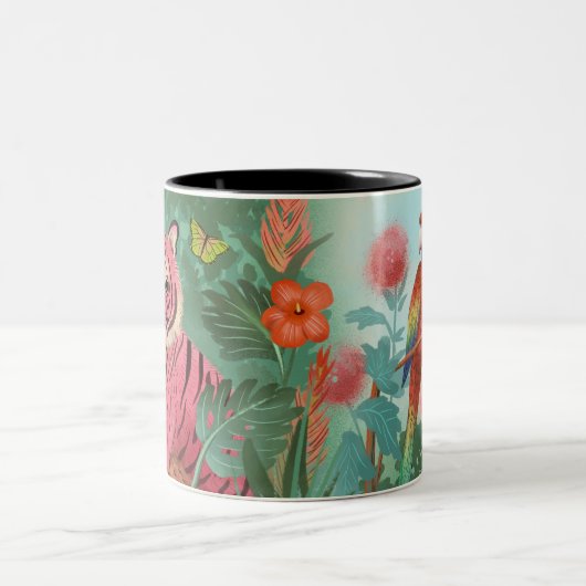 Rosa Tiger und tropischer Parrot-Dschungel Zweifarbige Tasse (Mittel)