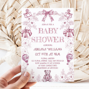Rosa Toile-Bär-Blumen-Mädchen-Baby-Party  Einladung