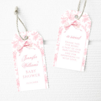 Rosa Toile Blumenband Baby Mädchen Shower Dankesch Geschenkanhänger