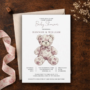 Rosa Toile-Teddybär-Mädchen-Baby-Party Einladung