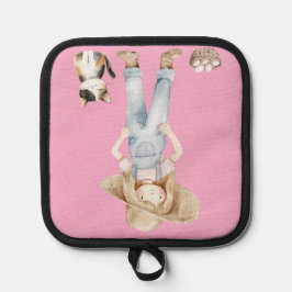 Rosa Topflappen mit Mädchen und Katze