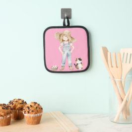 Rosa Topflappen mit Mädchen und Katze