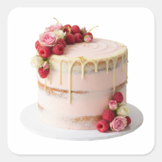 Rosa Tortensticker mit Rosen & Beeren Quadratischer Aufkleber