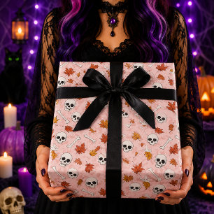Rosa Totenkopf Herbstblätter Halloween-Muster Geschenkpapier