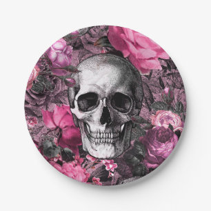 Rosa Totenkopf mit Blumen Pappteller