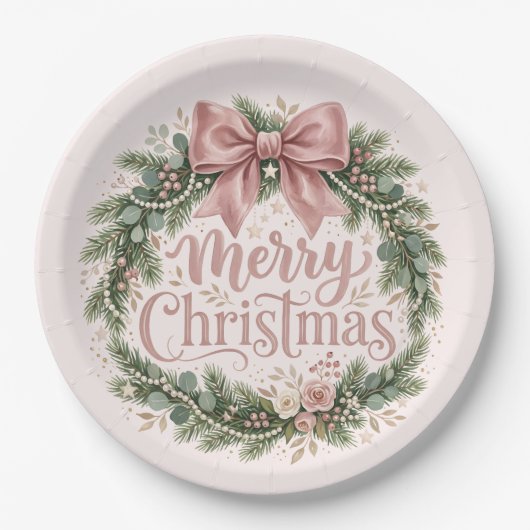 Rosa traditioneller Weihnachtskranz | Pinkmas Pappteller (Vorderseite)