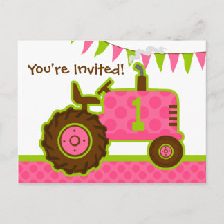 Rosa Traktor 1. Geburtstag Einladung Postkarte