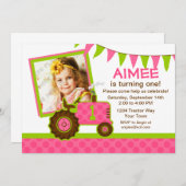 Rosa Traktor 1. Geburtstag Foto Einladung (Vorne/Hinten)