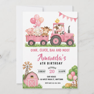 Rosa Traktor Bauernhoftiere Geburtstag Einladung