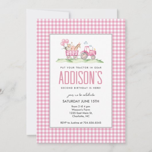 Rosa Traktor Geburtstag, Einladung der Girl Farm (Vorderseite)