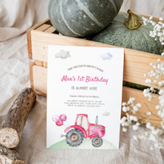 Rosa Traktor zum Geburtstag Einladung