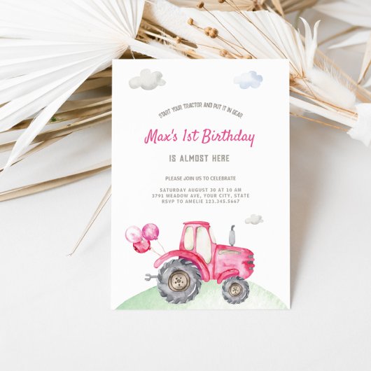 Rosa Traktor zum Geburtstag Einladung