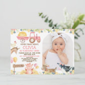 Rosa Traktorbogen Tiere 1. Geburtstag Einladung (Stehend Vorderseite)