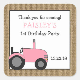 Rosa Traktorgeburtstags-Gastgeschenkaufkleber Quadratischer Aufkleber