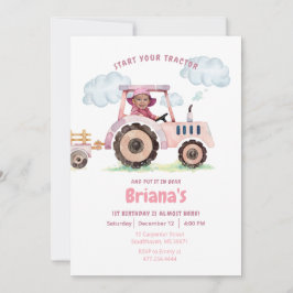 Rosa Traktormädchen jedes Alters Geburtstags Foto Einladung