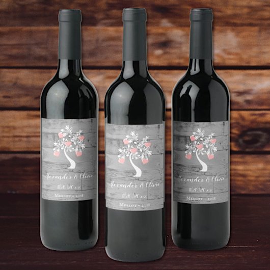 Rosa Tree of Hearts Wedding Wine Label Weinetikett