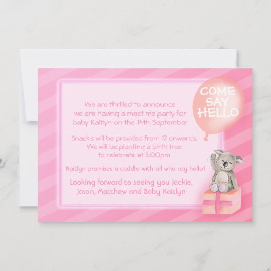 Rosa treffen Sie mich neues Babymädchen, das Party Einladung (Rückseite)