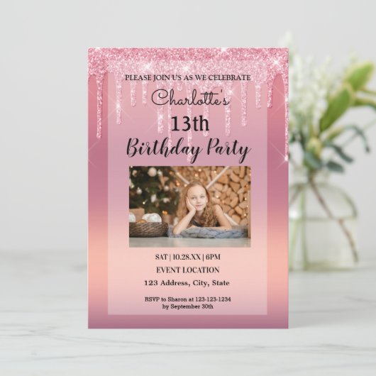 Rosa Tropfen Glitzer Einladung (Stehend Vorderseite)