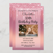 Rosa Tropfen Glitzer Einladung (Vorne/Hinten)