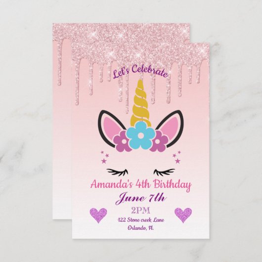 Rosa Tropfende Glitzer/Blumenzwiebeln Geburtstag Einladung (Vorne/Hinten)