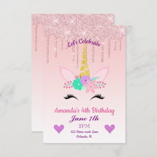 Rosa Tropfende Glitzer/Blumenzwiebeln Geburtstag Einladung (Vorne/Hinten)