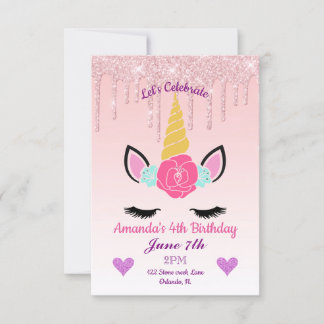 Rosa Tropfende Glitzer/Blumenzwiebeln Geburtstag Einladung