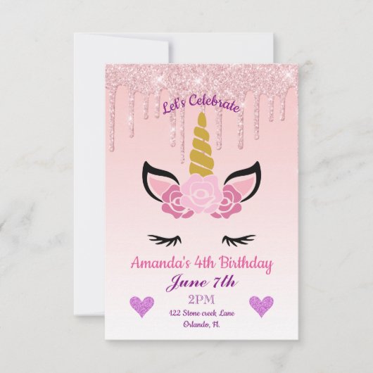 Rosa Tropfende Glitzer/Blumenzwiebeln Geburtstag Einladung (Vorderseite)