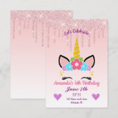 Rosa Tropfende Glitzer/Blumenzwiebeln Geburtstag Einladung (Vorne/Hinten)