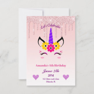 Rosa Tropfende Glitzer/Blumenzwiebeln Geburtstag Einladung