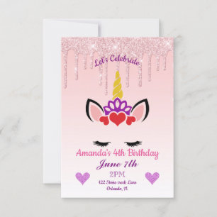 Rosa Tropfende Glitzer/Einhorn Geburtstag Einladung