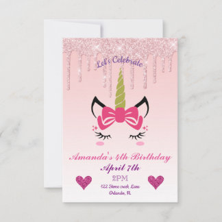 Rosa tropfender Glitter/Floral Einhorn Geburtstag Einladung