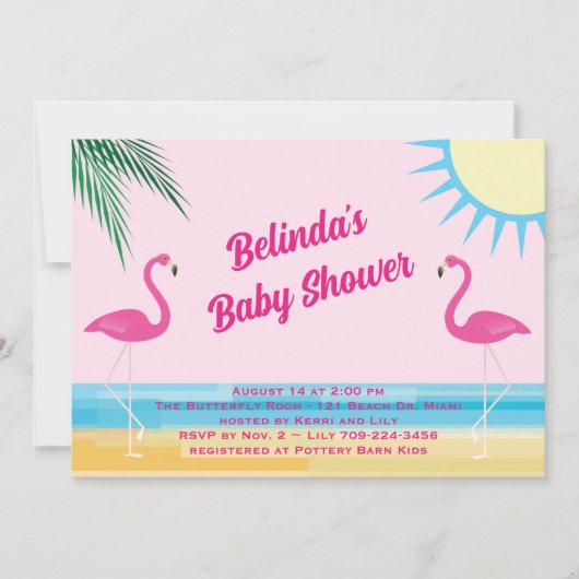 Rosa Tropical Beach Baby Dusche Einladung (Vorderseite)