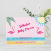 Rosa Tropical Beach Baby Dusche Einladung (Stehend Vorderseite)